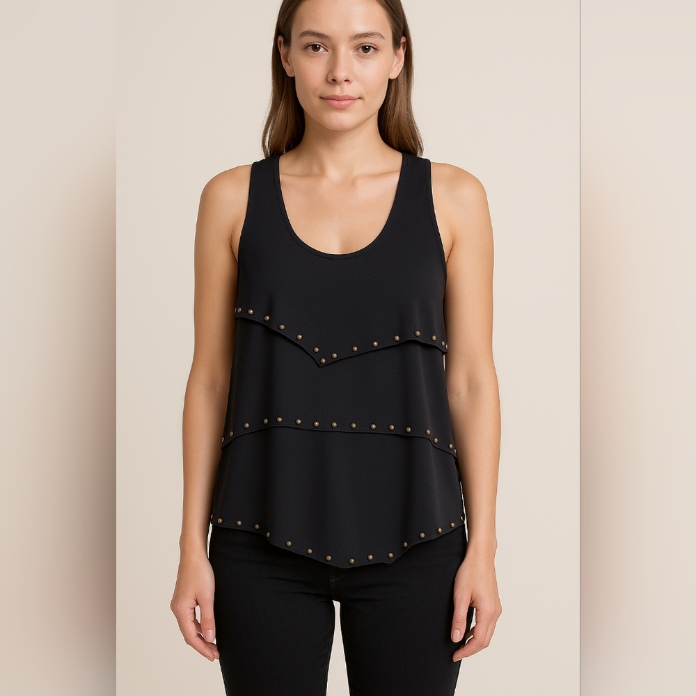 Larsen Gray S Black Layered Brass Studded Sleeveless Top Whimsigoth